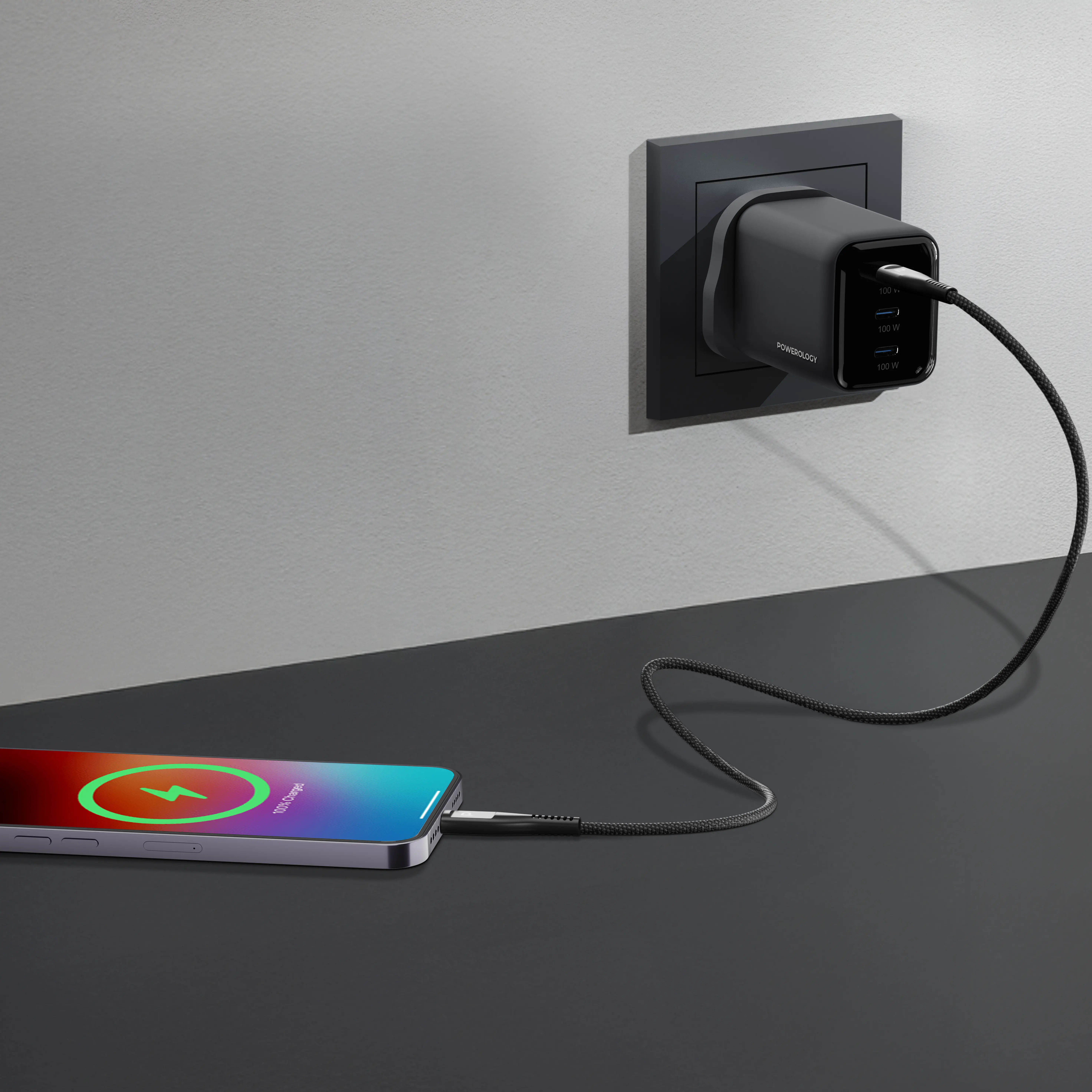 Powerology Volt-X 100W Multi-Port Gan Wall Charger - Black