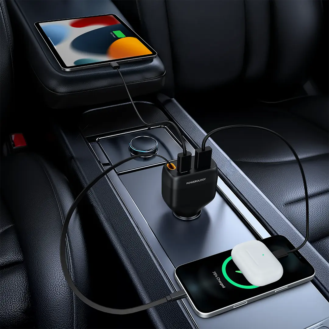 Powerology Cyber 81W USB-C Retractable Car Charger - Black Powerology Cyber 81W USB-C Retractable Car Charger - Black