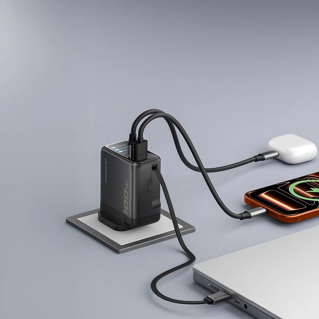 Powerology 100W TFT Adapter Retractable Type-C Cable - Black