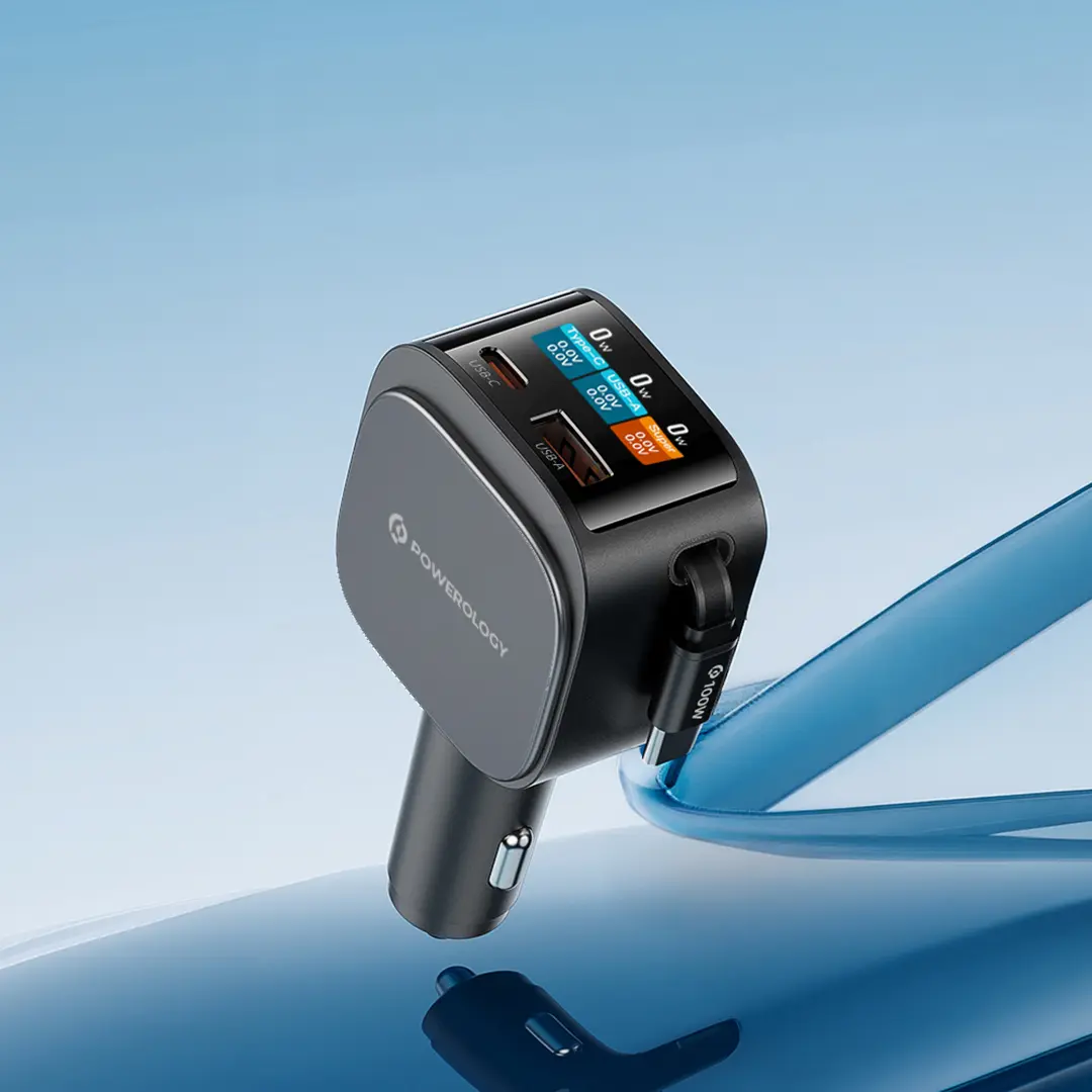 Powerology VoltMax 130W Pro Fast Car Charger with Retractable Cable - Black Powerology VoltMax 130W Pro Fast Car Charger with Retractable Cable - Black