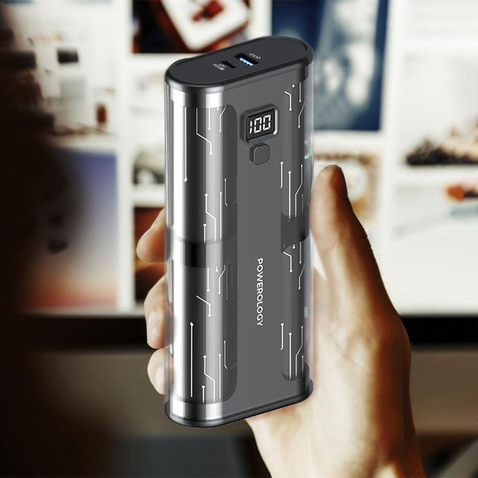 Powerology Power Bank with Digital Display alt tag="Powerology Power Bank Crystalline Series Powerbank 65W PD TransparentGrey"