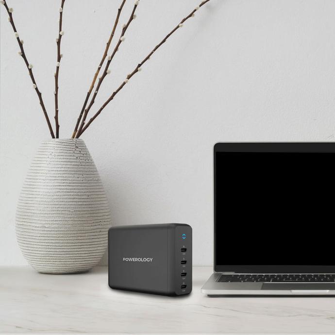 Powerology Desktop Charger 4 USB PD alt tag="Powerology Cables & Chargers GaN Desktop Charger x4-USB-C Power-Delivery Black"