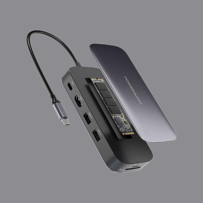 Powerology USB-C Hub & SSD Drive alt tag="Powerology Hubs & Docks USB-C Hub & SSD Drive 256GB Gray"