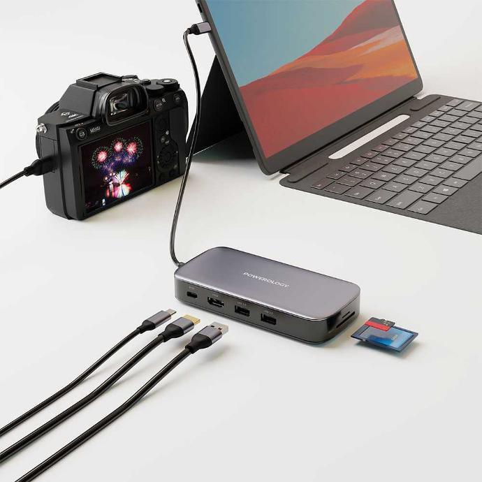 Powerology Compatible USB-C Hub alt tag="Powerology Hubs & Docks USB-C Hub & SSD Drive 256GB 100W PD Gray"