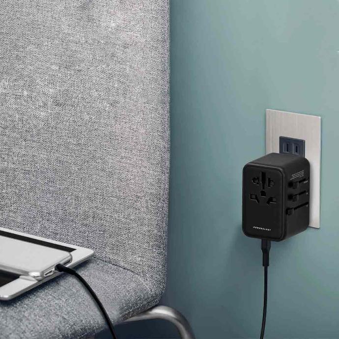 Powerology 65W Travel Adaptor alt tag="Powerology Cables & Chargers Universal Travel Adapter PD 65W Black"