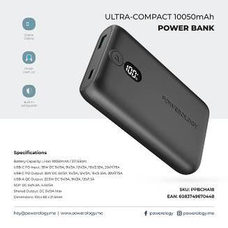 Powerology Onyx Ultra Compact Power Bank alt tag="Powerology Power Banks Onyx 10050mAh Power Bank Ultra Compact Black"