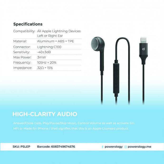 Powerology Black Mono Earphone alt tag="Powerology Audio Mono Earphone Lightning Connector Black"