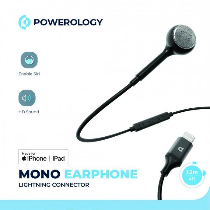 Powerology MFI Mono Earphone alt tag="Powerology Audio Mono Earphone Lightning Connector MFI Black"