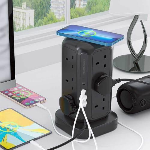 Powerology 12-Socket Tower Hub alt tag="Powerology Hubs & Docks 12 Socket Multi-Port Tower Hub Extension Black"