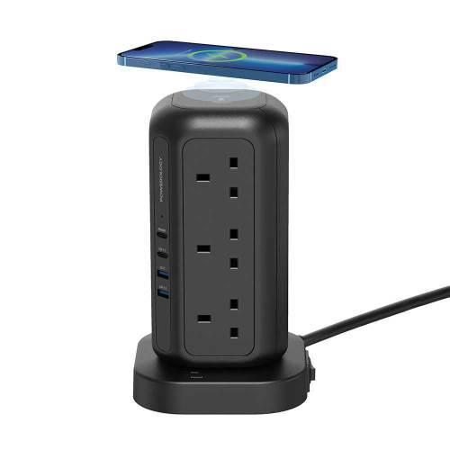 Powerology 12-Socket Fast Charge Tower Hub alt tag="Powerology Hubs & Docks 12 Socket Multi-Port Tower Hub Extension Fast Charge Black"