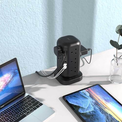 Powerology Multi Port Tower Hub alt tag="Powerology Hubs & Docks 12 Socket Multi-Port Tower Hub Extension GaN Tech Black "