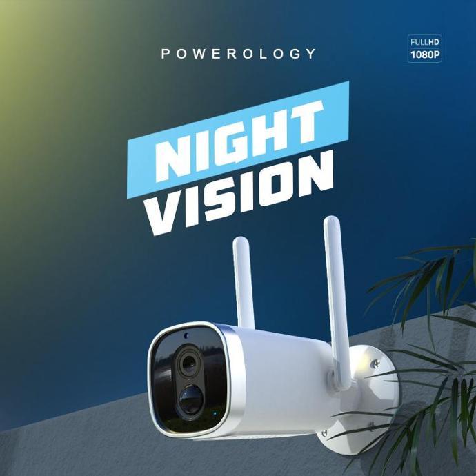 Powerology 1080P FHD Smart Camera alt tag="Powerology Smart Cameras Wireless Outdoor Camera With Solar Panel 1080P FHD White"