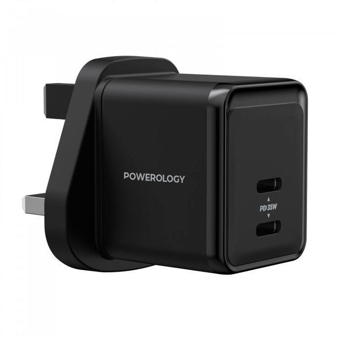alt tag="Powerology Cables & Chargers Super Compact Charger with USB-C To Lightning Dual 35W PD Output Cable Black"