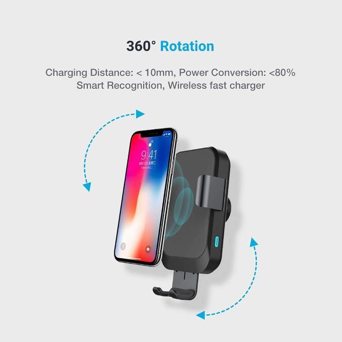 Powerology Fast Car Charger & Holder alt tag="Powerology Holders & Stands Fast Wireless Car Charger and Holder 360° Rotation Black"
