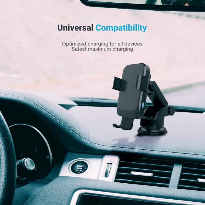 Powerology Compatible Car Charger & Holder alt tag="Powerology Holders & Stands Fast Wireless Car Charger and Holder Compatible Black"