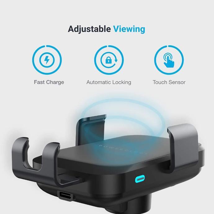 Powerology Adjustible Car Charger & Holder alt tag="Powerology Holders & Stands Fast Wireless Car Charger and Holder Adjustible Viewing Black"