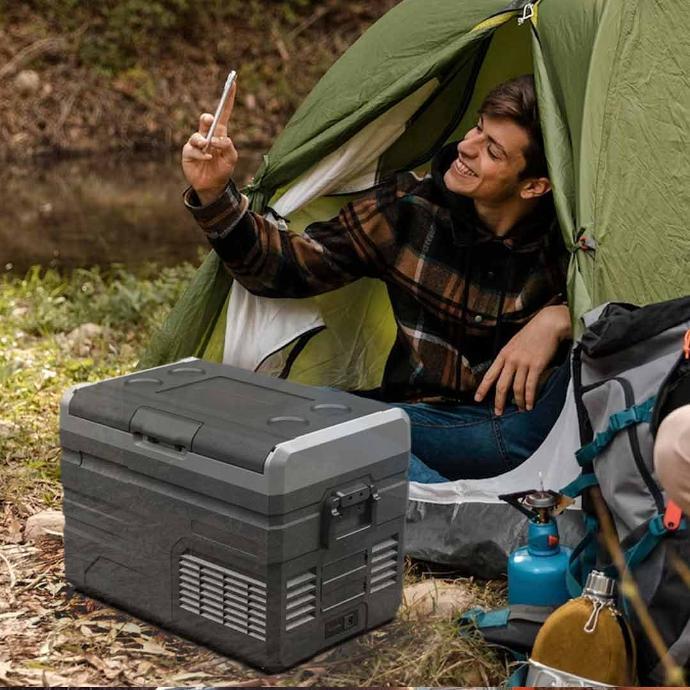 Powerology Portable Fridge and Freezer alt tag="Powerology Lifestyle Small Dual Compartment Fridge and Freezer Digital Display Gray"