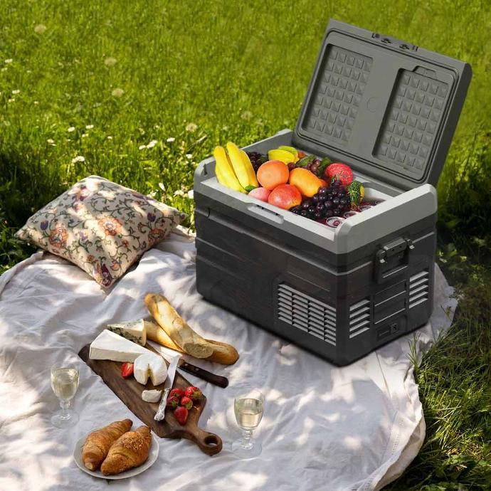 Powerology Small Dual Compartment Fridge and Freezer alt tag="Powerology Lifestyle Small Dual Compartment Fridge and Freezer Interior Light Gray"