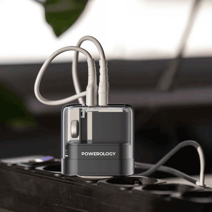 Powerology Fast Charge Charger alt tag="Powerology Chargers and Cables Crystalline Series Dual PD GaN Charger With Folding Plugs Fast Charge Black"