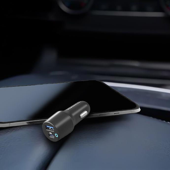 Powerology Compact Car Charger alt tag="Powerology Cables & Chargers Dual Port LED Car Charger Compact Black"