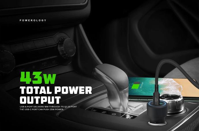 Powerology 43W PD Car Charger alt tag="Powerology Cables & Chargers Ultra-Quick Car Charger with USB-C Cable 43W PD Output Black"
