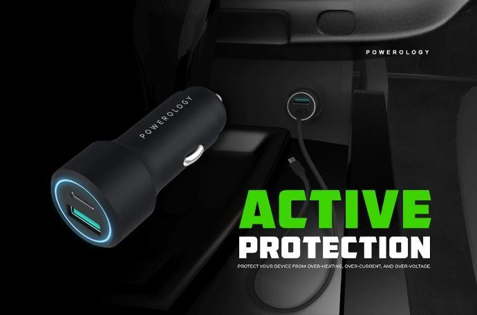 Powerology Car Charger with Active Protection alt tag="Powerology Cables & Chargers Ultra-Quick Car Charger with USB-C Cable Active Protection Black"
