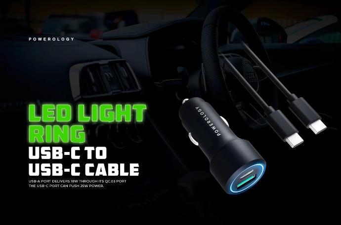 Powerology Car Charger with LED Light Ring alt tag="Powerology Cables & Chargers Ultra-Quick Car Charger with USB-C Cable LED Light Ring Black"