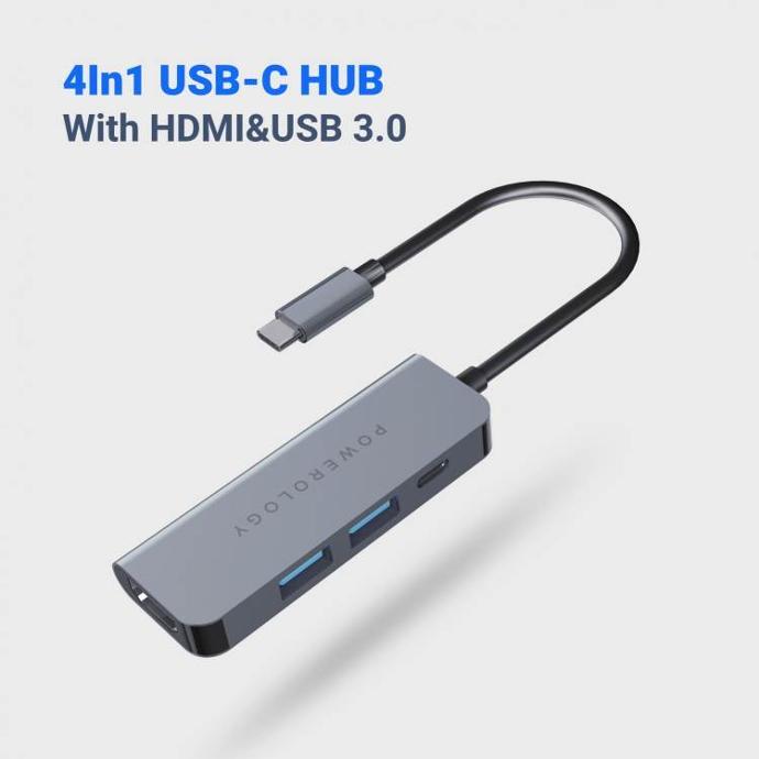 Powerology Compatible 4in1 USB-C Hub alt tag="Powerology Powerhub 4 in 1 USB-C Hub with HDMI and USB 3.0 Portable Gray"