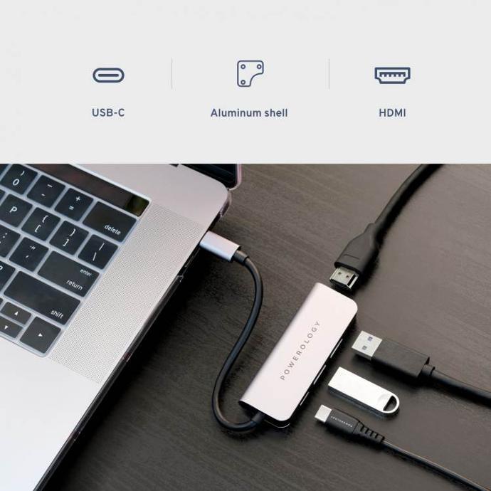 Powerology Multiport 4in1 USB-C Hub alt tag="Powerology Powerhub 4 in 1 USB-C Hub with HDMI and USB 3.0 compact Gray"