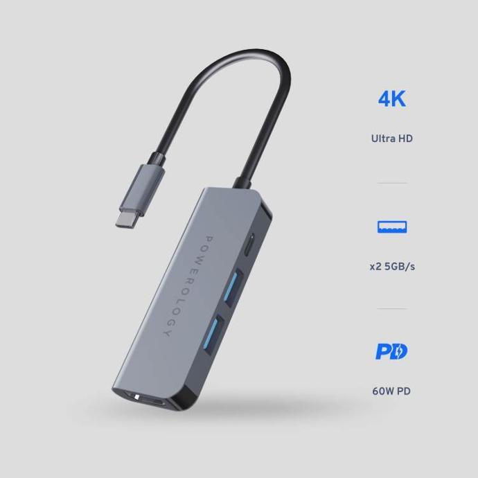 Powerology UHD 4K 4in1 USB-C Hub alt tag="Powerology Powerhub 4 in 1 USB-C Hub with HDMI and USB 3.0 Multiport Gray"