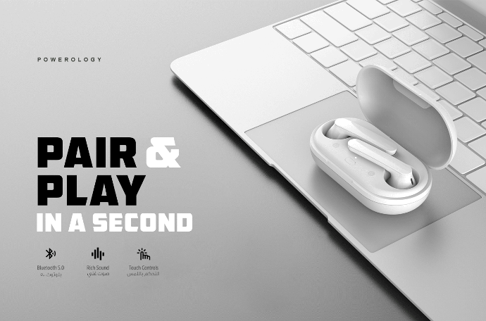 Powerology Easy Pairing TWS Earbuds alt tag="Powerology Audio True Wireless Stereo Earbuds Easy Pairing White"