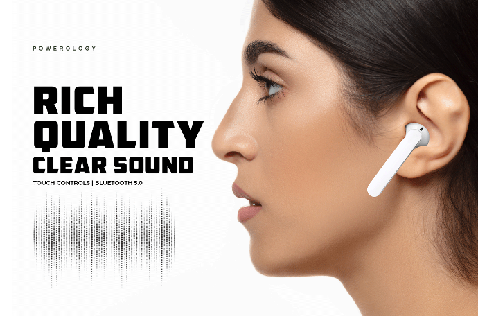 Powerology Clear Sound TWS Earbuds alt tag="Powerology Audio True Wireless Stereo Earbuds Clear Sound White"
