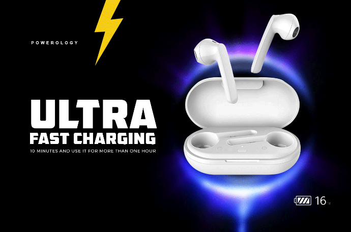 Powerology Fast Charging Time TWS Earbuds alt tag="Powerology Audio True Wireless Stereo Earbuds Fast Charging Time White"