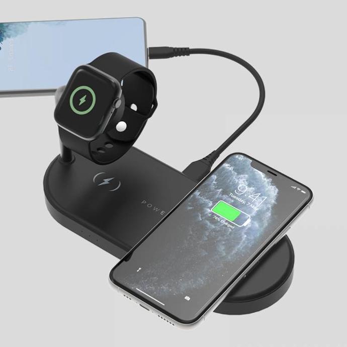 Powerology Portable Charging Dock alt tag="Powerology Holders & Stands Portable 4 in 1 Wireless Charging Dock Dual Charging Pads Black"