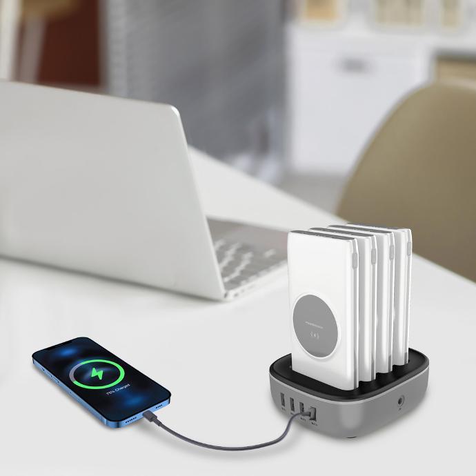 Powerology Fast Charge Power Bank Station alt tag="Powerology Power Station 4 in 1 Power Bank Station with Built-in Lightning And Type-C Cable UK 3Pin Plug White"