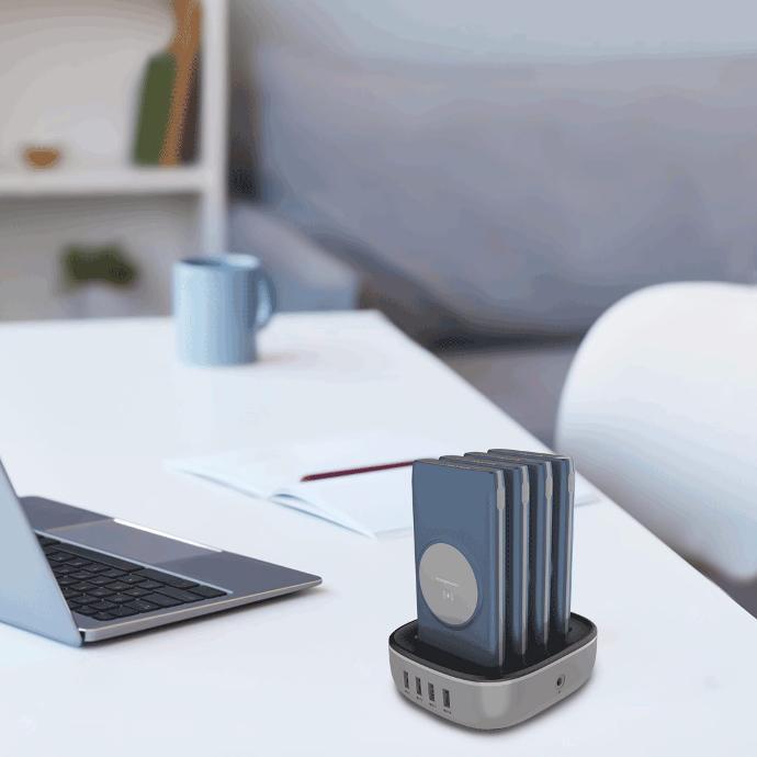Powerology Lightweight Power Bank Station alt tag="Powerology Power Station 4 in 1 Power Bank Station with Built-in Lightning And Type-C Cable Fast Charge Blue"