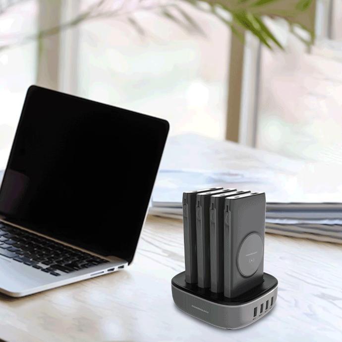 Powerology Multiport Power Bank Station alt tag="Powerology Power Station 4 in 1 Power Bank Station with Built-in Lightning And Type-C Cable Multiport Black"
