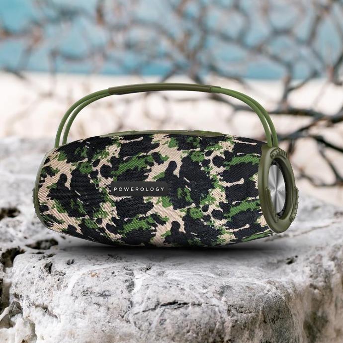 Powerology Rich Sound Speaker alt tag="Powerology Audio Phantom Portable Bluetooth Speaker Rich Sound Camo"