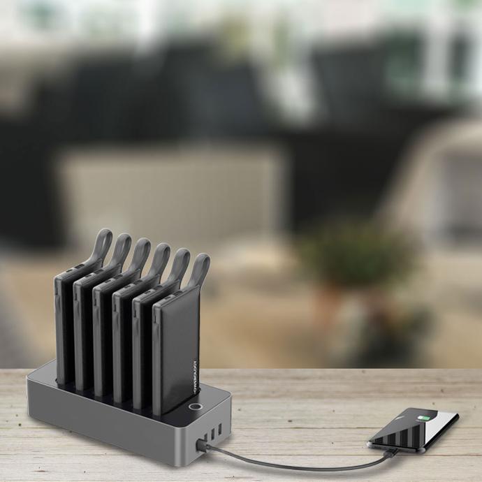 Powerology Multiport Power Bank Station alt tag="Powerology Power Station 6 in 1 10000mAh Power Bank Station with Built-in Lightning, Micro USB, Type-C Cable Multiport Black"