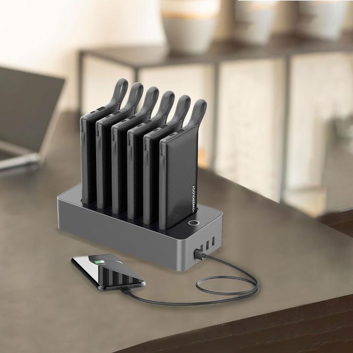 Powerology Portable Power Bank Station alt tag="Powerology Power Station 6 in 1 10000mAh Power Bank Station with Built-in Lightning, Micro USB, Type-C Cable Portable Black"