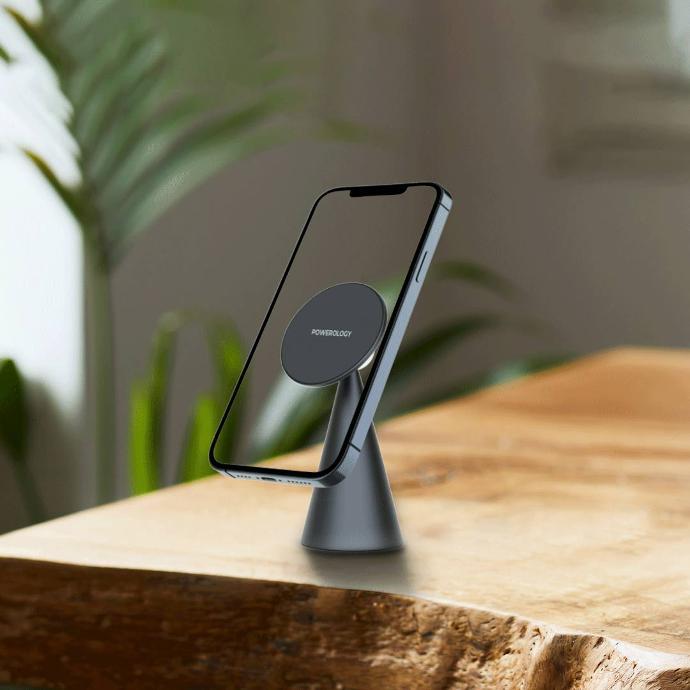 Powerology Desktop Phone Holder with Strong Magnet alt tag="Powerology Holders and Stands Desktop Conical Magsafe Phone Holder with 17N5 Magnets Strong magnet Grey"