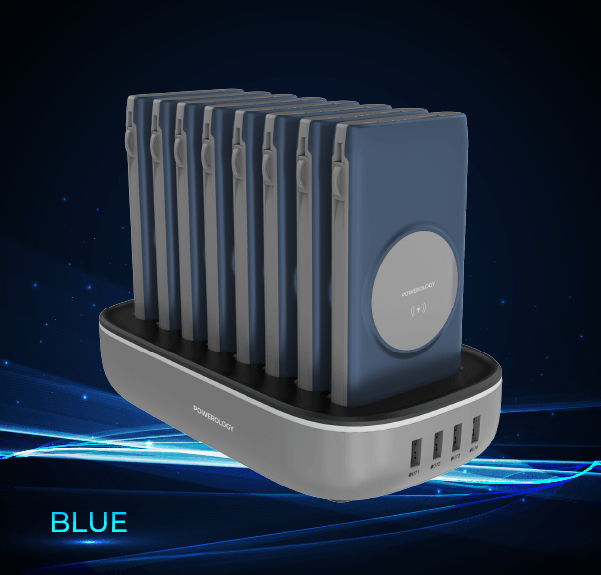 alt tag="Powerology Power Station 8 in 1 Power Bank Station with Built-In Lightning and Type-C Cable Front view Blue"