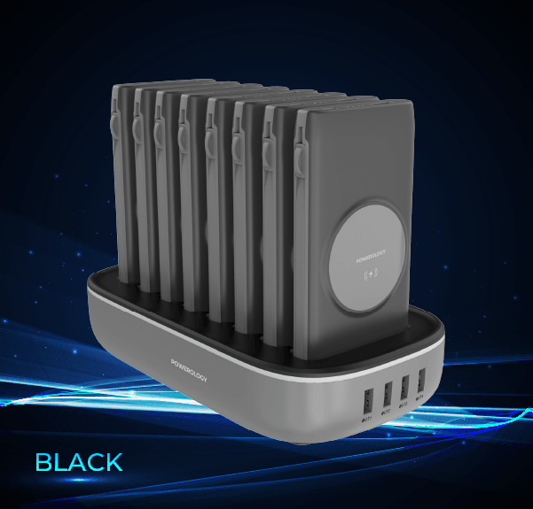 alt tag="Powerology Power Station 8 in 1 Power Bank Station with Built-In Lightning and Type-C Cable 80K Front view Black"