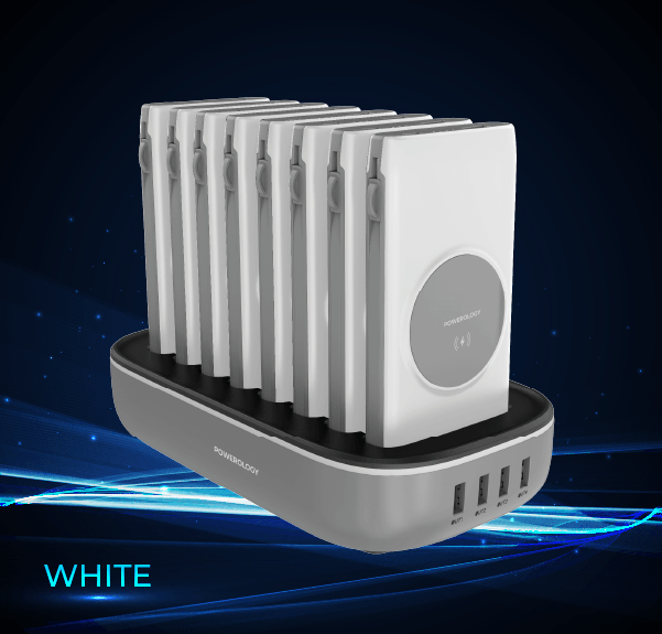 alt tag="Powerology Power Station 8 in 1 Power Bank Station with Built-In Lightning and Type-C Cable Huge Front view White"