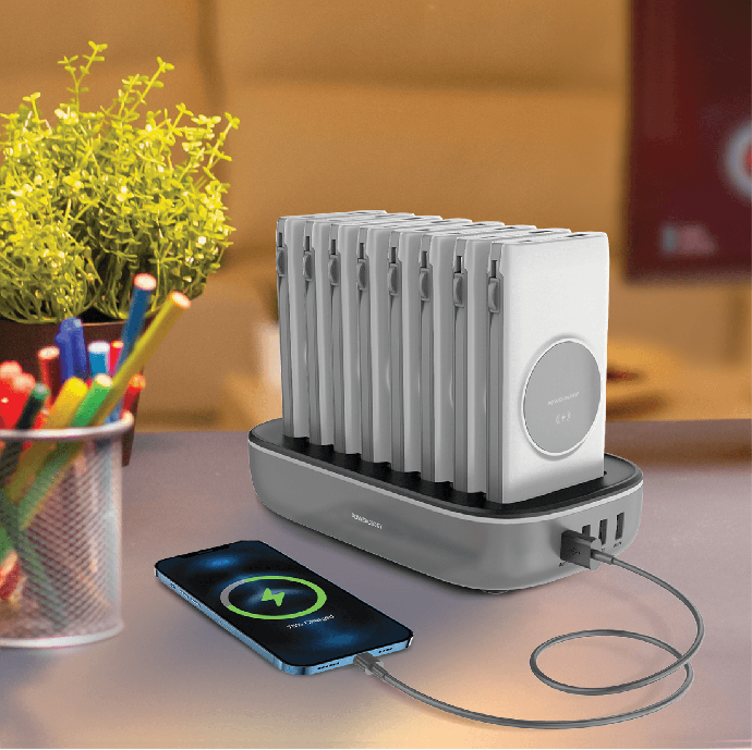 alt tag="Powerology Power Station 8 in 1 Power Bank Station with Built-In Lightning and Type-C Cable Huge Capacity White"