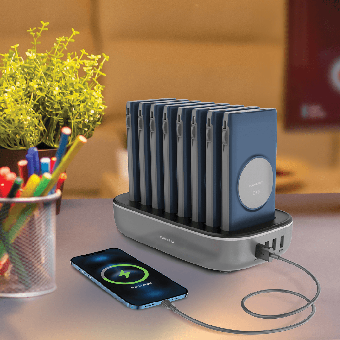 alt tag="Powerology Power Station 8 in 1 Power Bank Station with Built-In Lightning and Type-C Cable Multiport Blue"