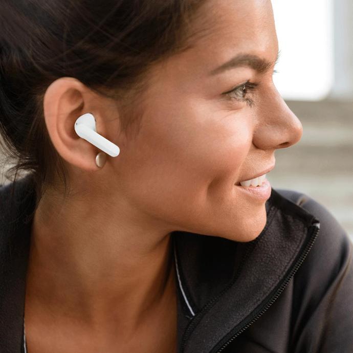 Powerology Stereo Buds Plus with Excellent Sound alt tag="Powerology Audio Bluetooth Stereo Buds Plus Excellent Sound White"