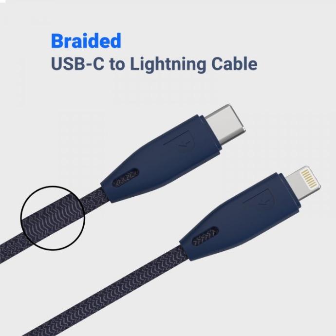 Powerology Lightning Cable alt tag="Powerology Chargers and Cables Braided USB-C to Lightning Cable (2m6ft) Portable Blue"