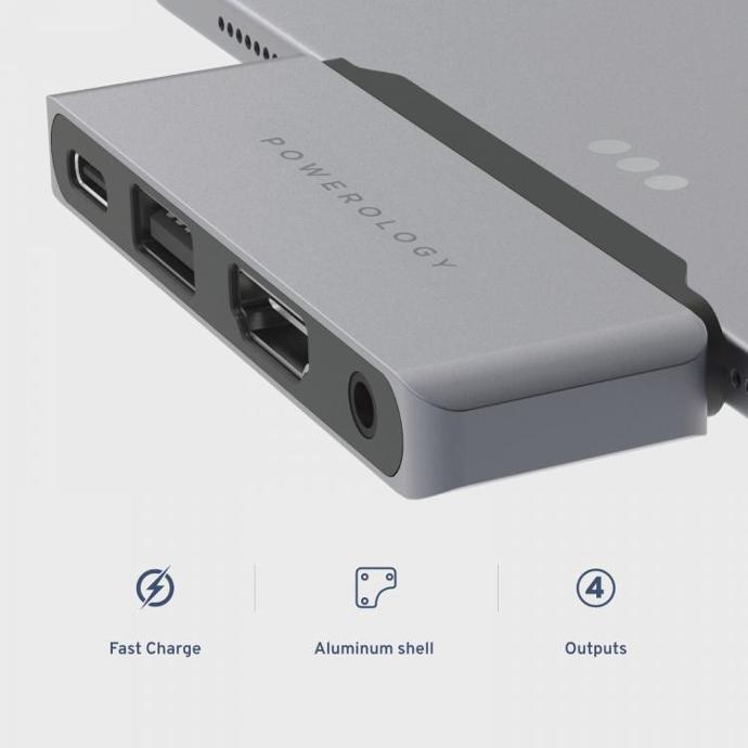alt tag="Powerology Hubs & Docks 4 in 1 USB-C Hub with HDMI, USB, and AUX Port Gray"