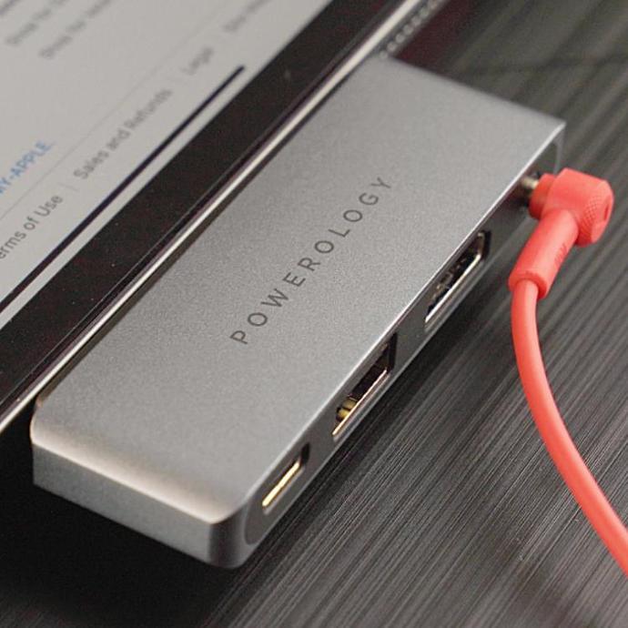 Powerology Compact 4 in 1 USB-C Hub alt tag="Powerology Hubs & Docks 4 in 1 USB-C Hub with HDMI, USB, and AUX Port Compact & Handy Gray"